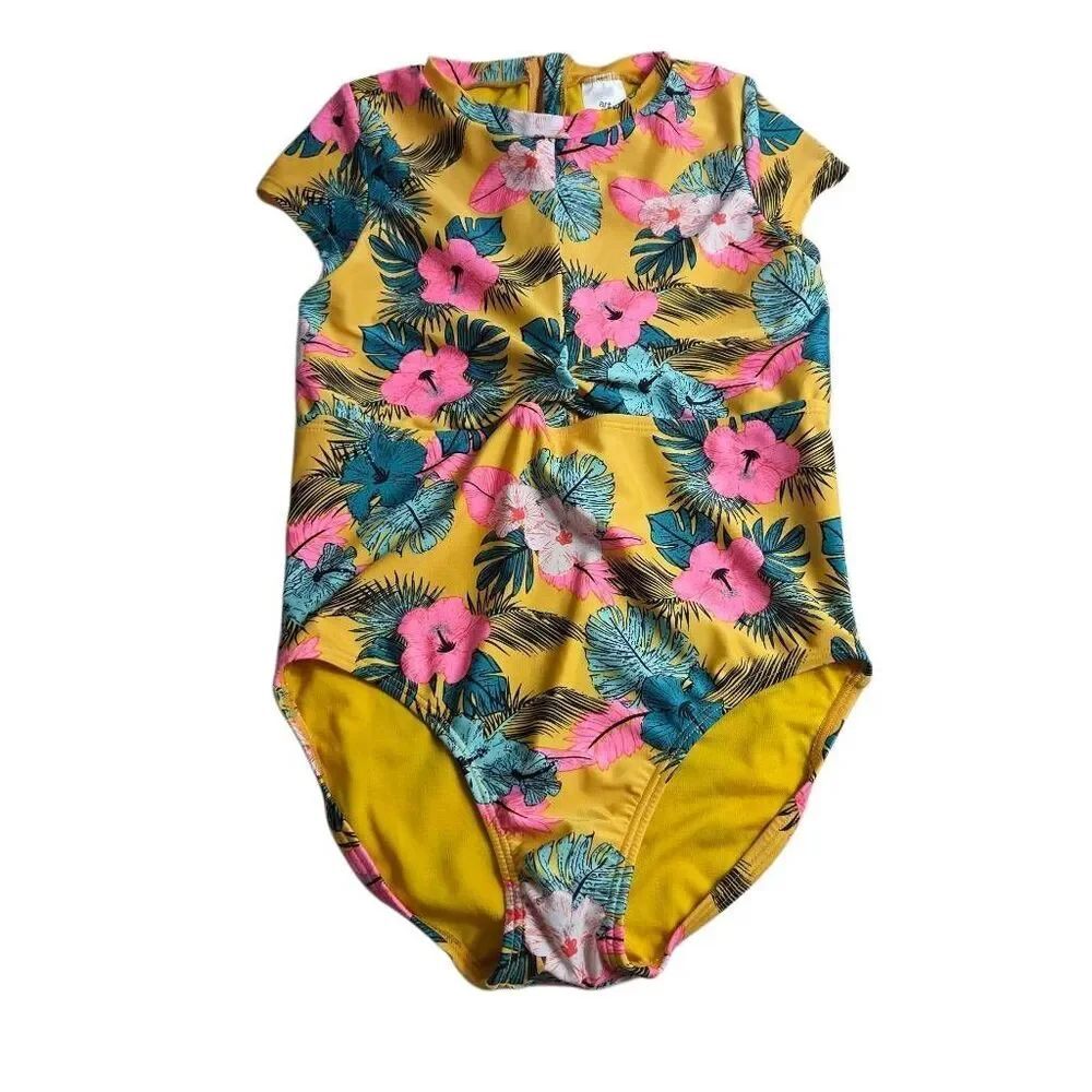 Art Class girls' swimsuit tropical hibiscus and palm leaf print with a twist pee